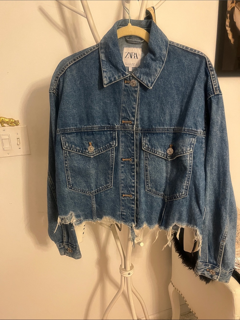 ZARA Distressed Dark Blue Cropped Denim Jacket